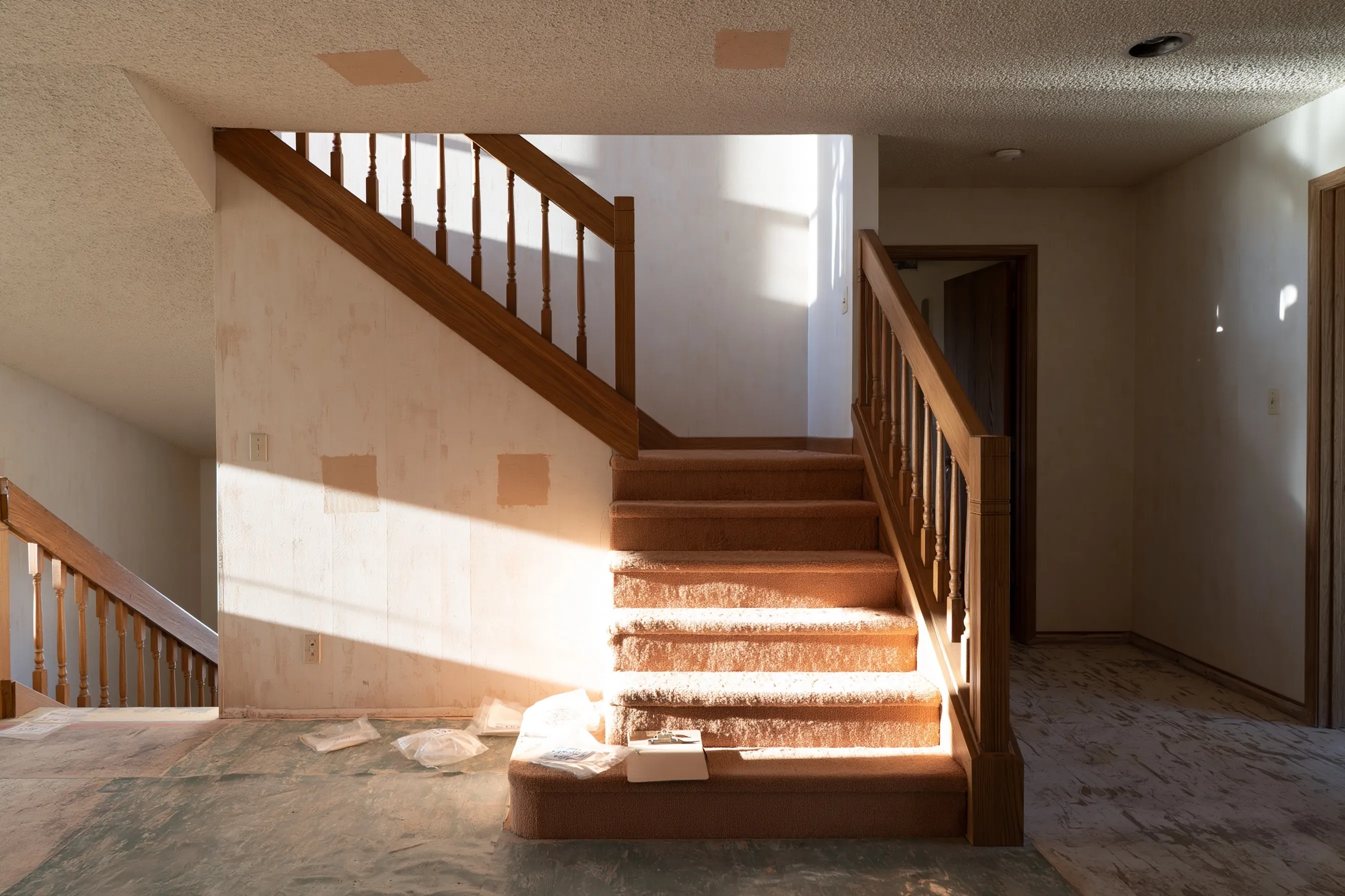 Entry of a 1970s split-level with small taped sample spots on the ceiling, wall and floor and sealed sample bags on a step