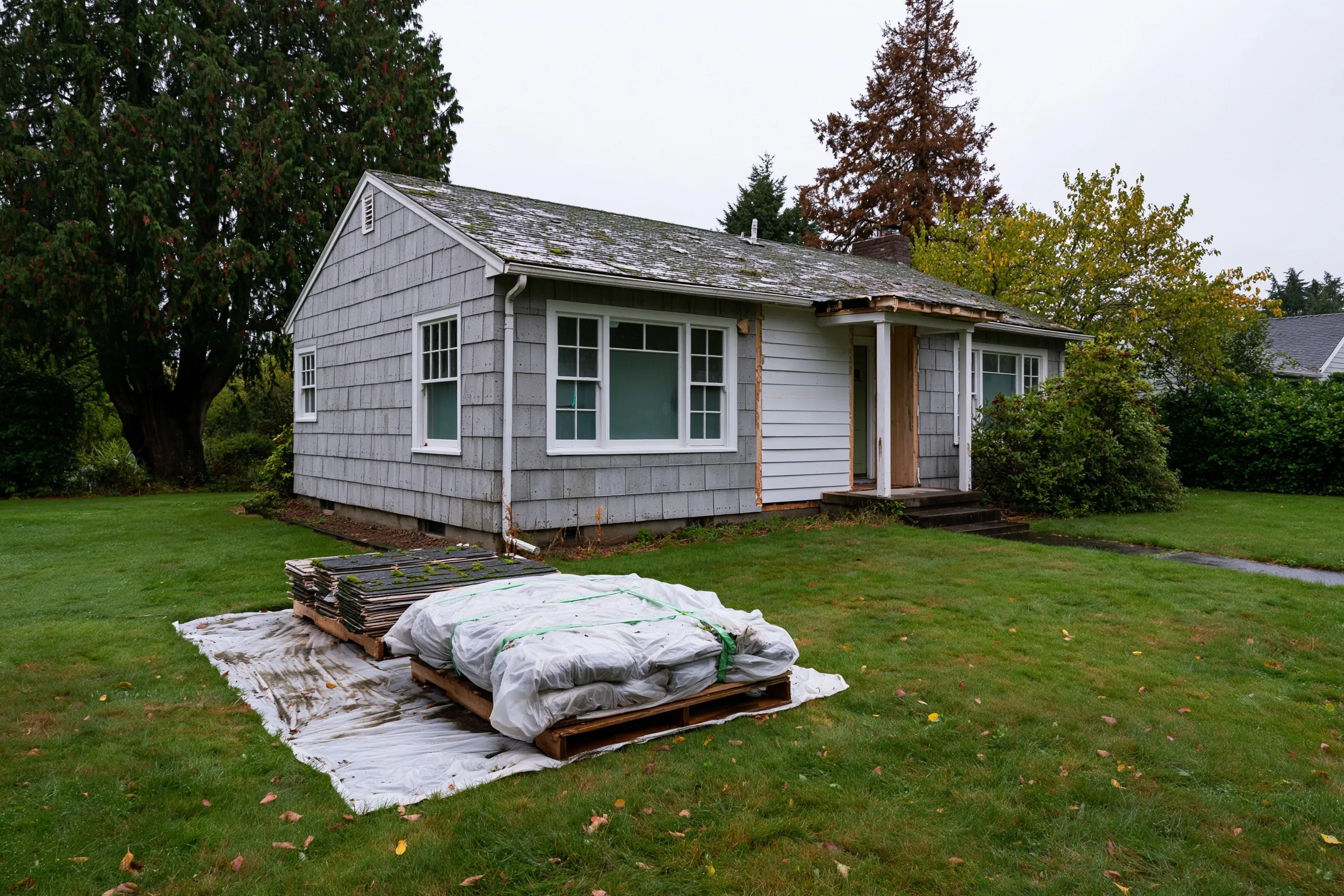 A 1940s one-story house with gray cement shingles partly removed from one wall, uncovering the original painted wood lap siding