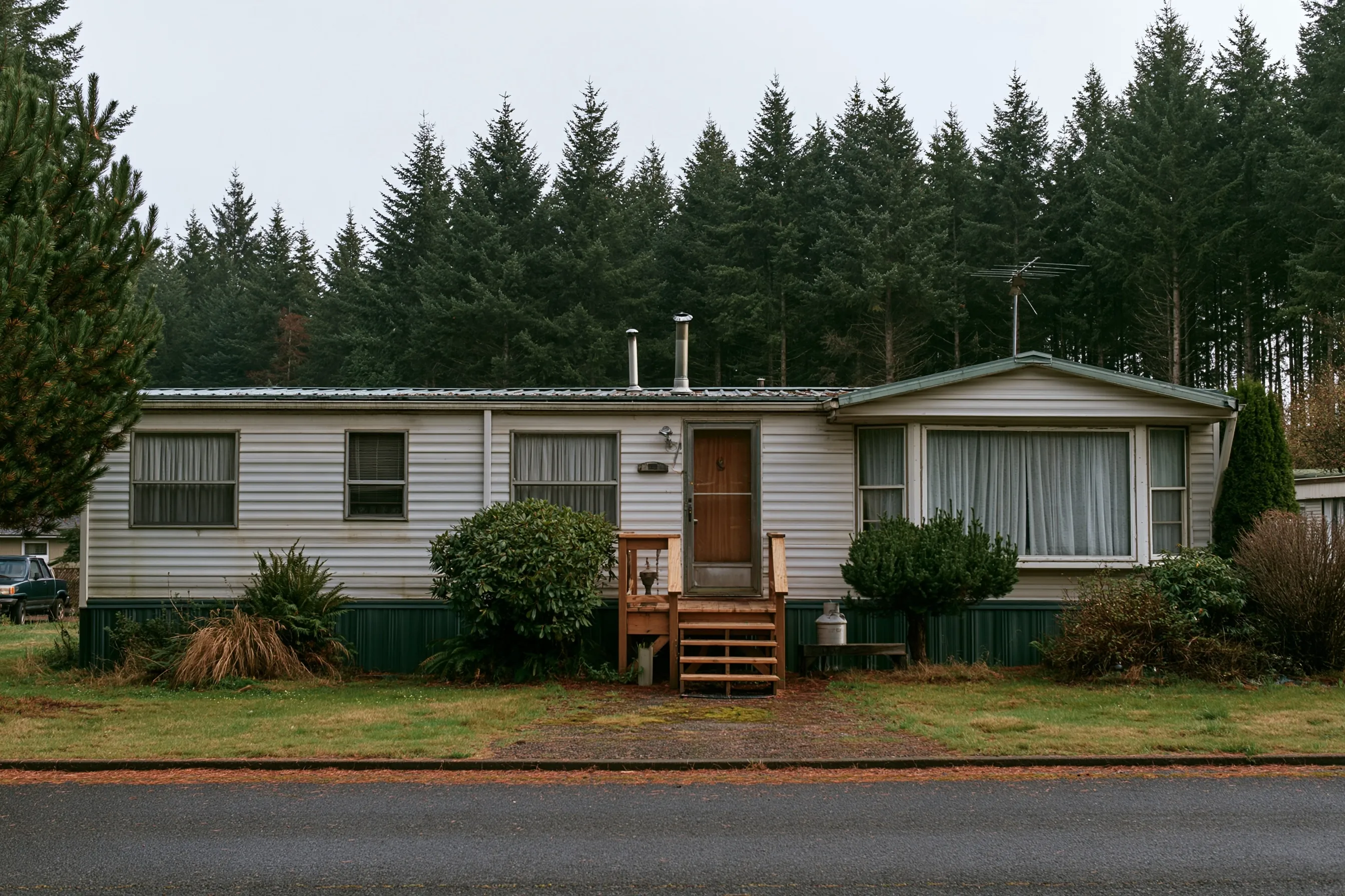 Light gray single-wide home with green skirting, wood front steps and tall evergreens behind it